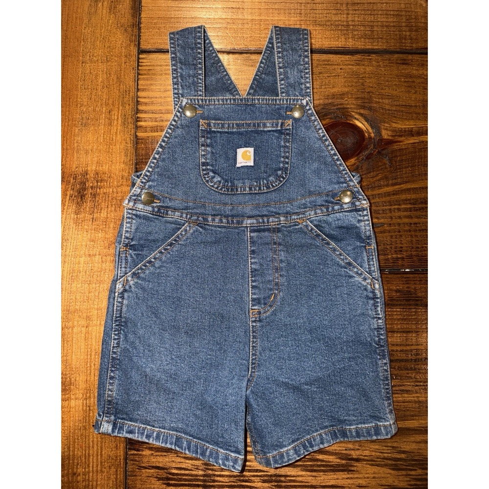 Carhartt Kids Denim Short Overalls Blue Bib Shorts Size 3T Adjustable Straps